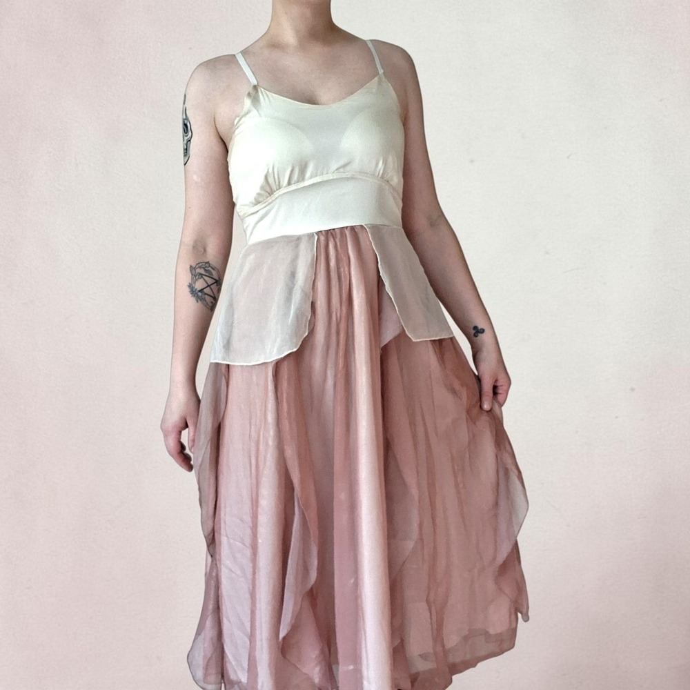 Vintage Y2K Dusty Rose Pink Cream Ivory Organza Layered Midi Dress Fairycore M - Picture 2 of 16